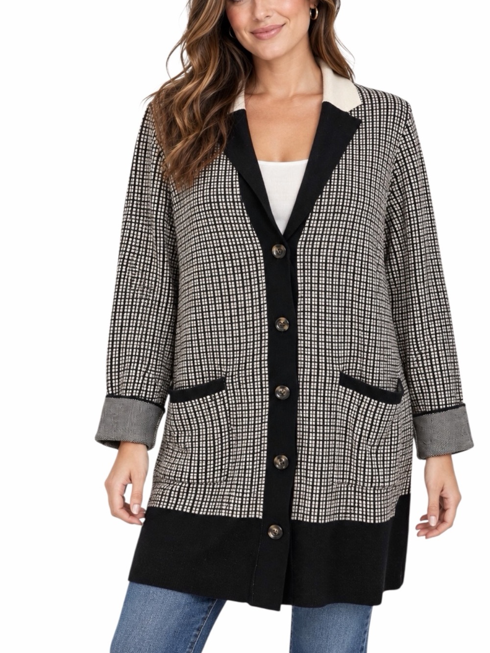 Ann Taylor Knit Blazer Cardigan XL Contrast Trim Black Tan Cream Check Longline